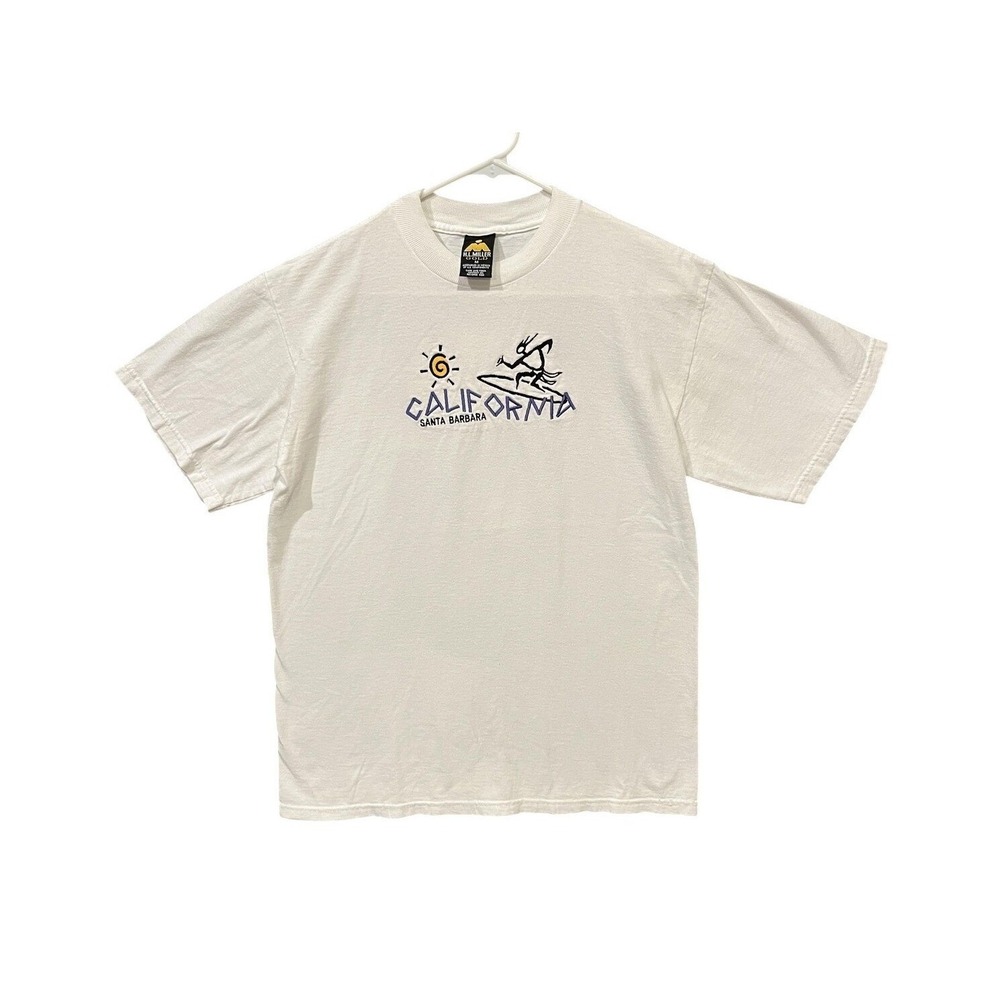 California Santa Barbara H.L. Miller Gold Shirt Mens Medium White Surfer Tee